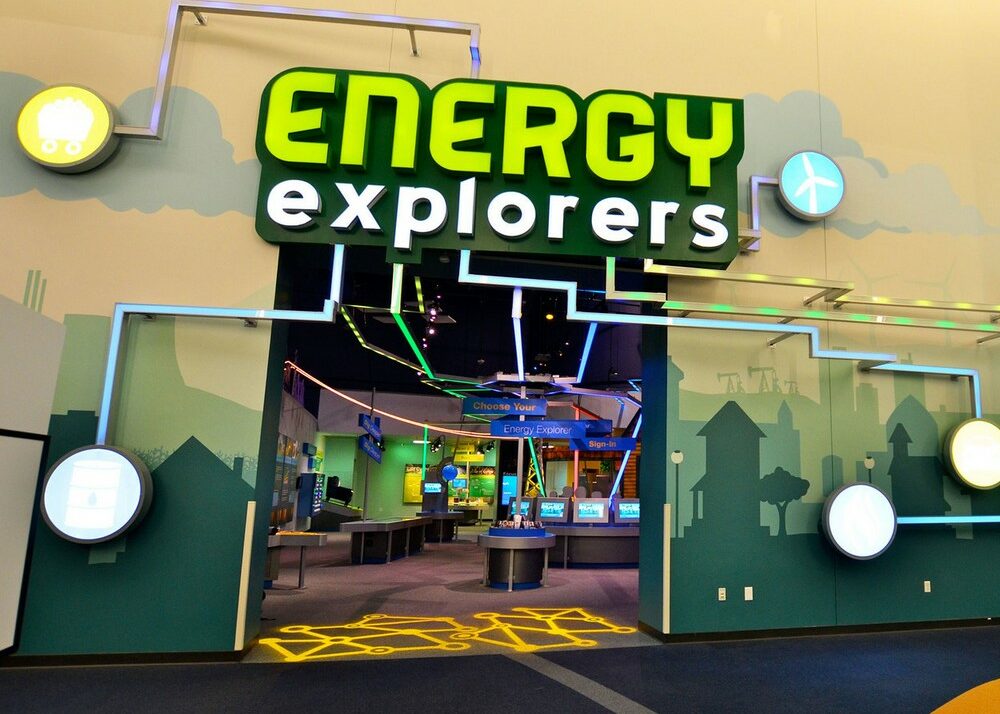 Interactive energy exhibit entrance with dynamic lighting effect